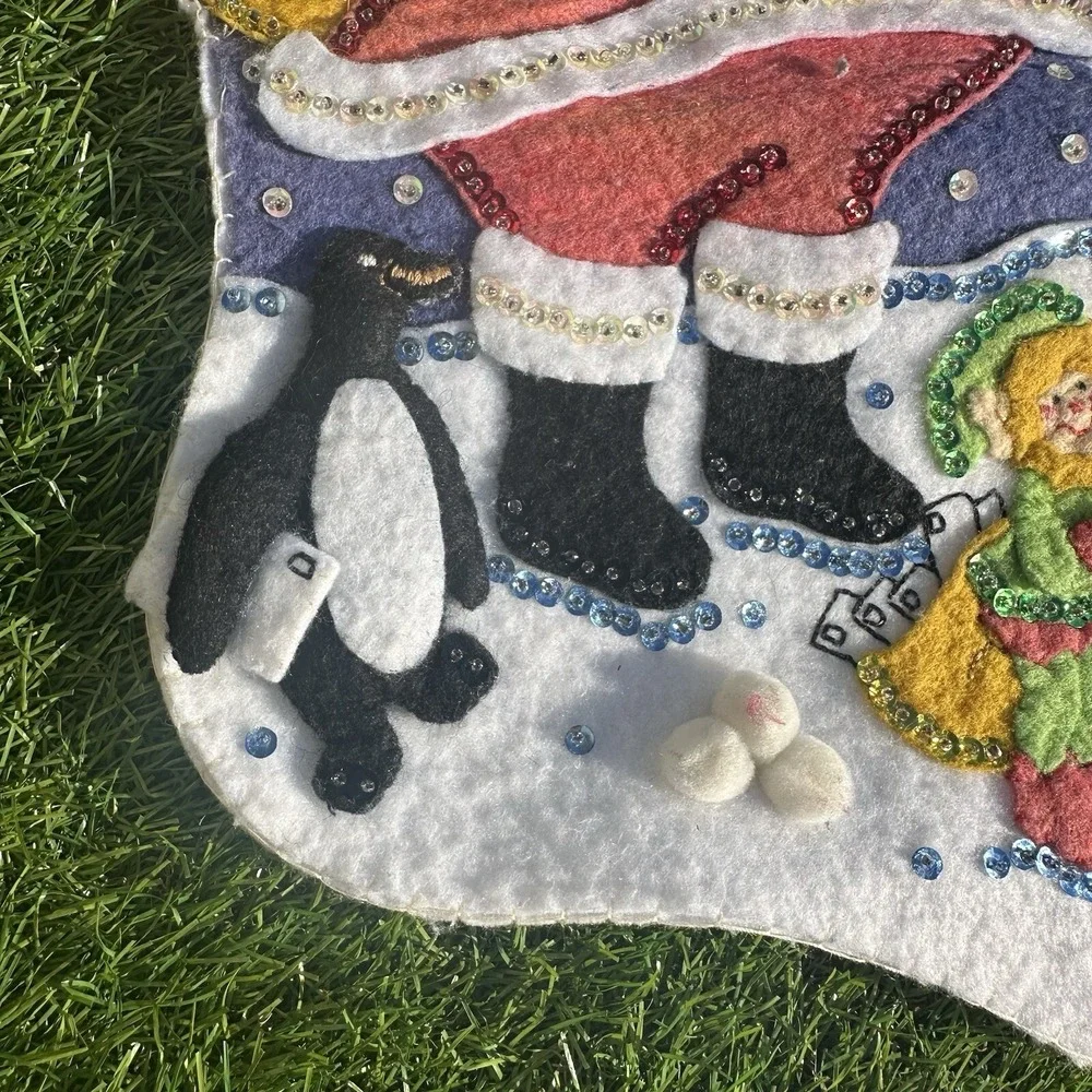 Vtg Bucilla Finished Christmas Stocking Felt Hand Stitched Sequins Santa Penguin
